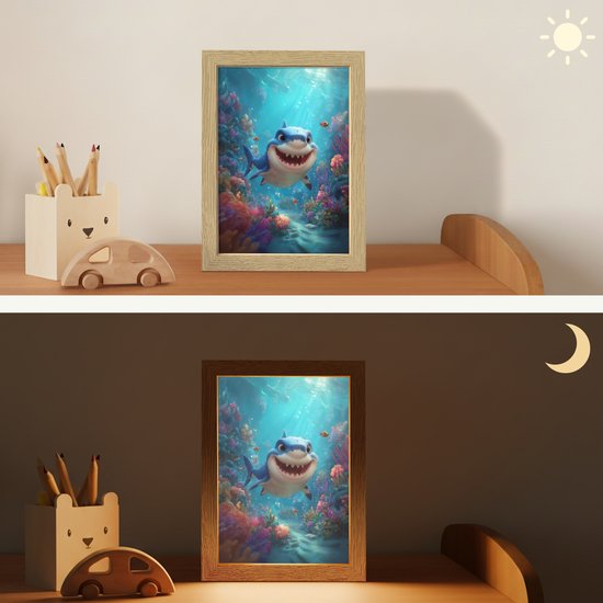 Nachtlampje 15x20 cm - Kinder lampje - Haai - Onderwaterwereld - Oceaan - Tafellamp kinderkamer - Slaapkamer lamp - Bedlamp kinderen - Kinderlampje stopcontact - Wandlamp babykamer - Nachtlampjes van OnlyWow — afbeelding 4