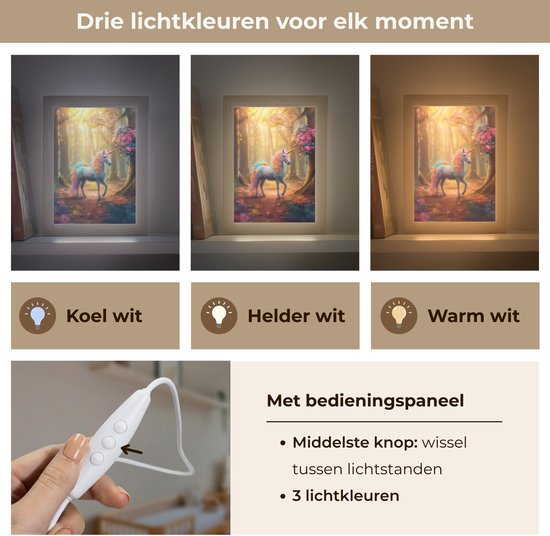 Drie lichtkleuren: koel wit, helder wit, warm wit, en een bedieningspaneel voor de lamp met een eenhoorn.
