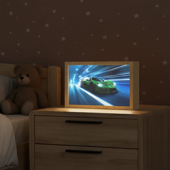 Nachtlampje 30x20 cm - Kinder lamp - Groene racewagen - Blauw - Neon - Licht - Tafellamp kinderkamer - Slaapkamer lamp - Bedlamp kinderen - Kinderlampje stopcontact - Wandlamp babykamer - Nachtlampjes van Merkloos — afbeelding 2
