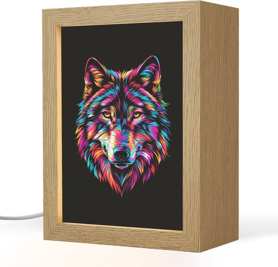Nachtlampje 15x20 cm - Kinder lampje - Wolf - Kleurrijk - Zwart - Dieren - Neon - Tafellamp kinderkamer - Slaapkamer lamp - Bedlamp kinderen - Kinderlampje stopcontact - Wandlamp babykamer - Nachtlampjes