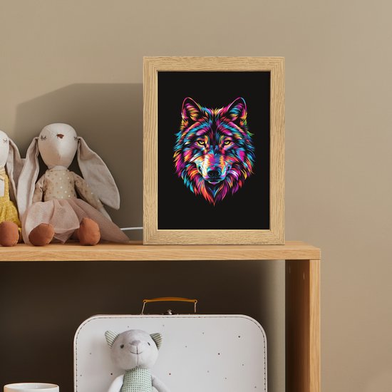 Nachtlampje 15x20 cm - Kinder lampje - Wolf - Kleurrijk - Zwart - Dieren - Neon - Tafellamp kinderkamer - Slaapkamer lamp - Bedlamp kinderen - Kinderlampje stopcontact - Wandlamp babykamer - Nachtlampjes van Merkloos — afbeelding 3