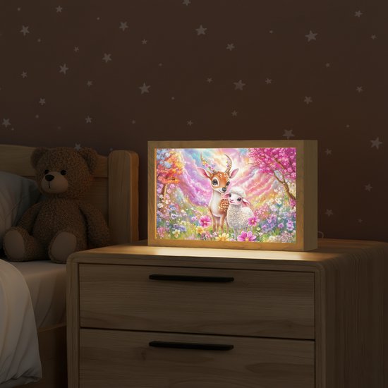 Nachtlampje 30x20 cm - Kinder lamp - Hertje - Lammetje - Bloemen - Pastel - Tafellamp kinderkamer - Slaapkamer lamp - Bedlamp kinderen - Kinderlampje stopcontact - Wandlamp babykamer - Nachtlampjes van Merkloos — afbeelding 2