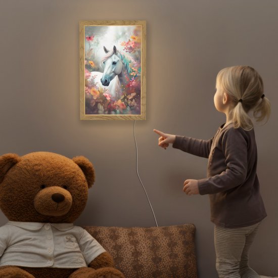 Nachtlampje 20x30 cm - Kinder lampje - Paard - Natuur - Bloemen - Dieren - Bos - Tafellamp kinderkamer - Slaapkamer lamp - Bedlamp kinderen - Kinderlampje stopcontact - Wandlamp babykamer - Nachtlampjes van OnlyWow — afbeelding 5