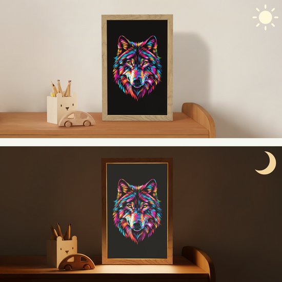 Nachtlampje 20x30 cm - Kinder lampje - Wolf - Kleurrijk - Zwart - Dieren - Neon - Tafellamp kinderkamer - Slaapkamer lamp - Bedlamp kinderen - Kinderlampje stopcontact - Wandlamp babykamer - Nachtlampjes van Merkloos — afbeelding 4