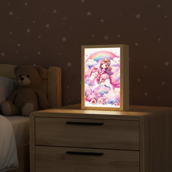 Nachtlampje 20x30 cm - Kinder lampje - Eenhoorn - Prinses - Unicorn - Roze - Regenboog - Tafellamp kinderkamer - Slaapkamer lamp - Bedlamp kinderen - Kinderlampje stopcontact - Wandlamp babykamer - Nachtlampjes van DecoAction — afbeelding 2