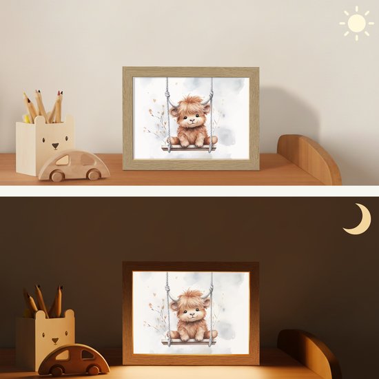 Nachtlampje 20x15 cm - Kinder lampje - Schotse hooglander - Dier - Kinderen - Tafellamp kinderkamer - Slaapkamer lamp - Bedlamp kinderen - Kinderlampje stopcontact - Wandlamp babykamer - Nachtlampjes van OnlyWow — afbeelding 4
