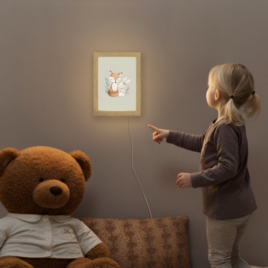 Nachtlampje 15x20 cm - Kinder lampje - Illustratie - Vos - Konijn - Bladeren - Tafellamp kinderkamer - Slaapkamer lamp - Bedlamp kinderen - Kinderlampje stopcontact - Wandlamp babykamer - Nachtlampjes van Mr. Starsky — afbeelding 5