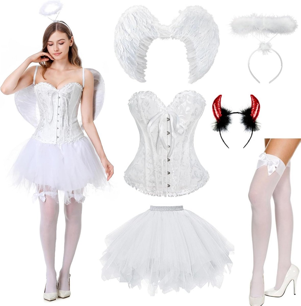 Kostuum Set: Engel en Duivel Vleugels met Kant Corset en Accessoires voor Dames