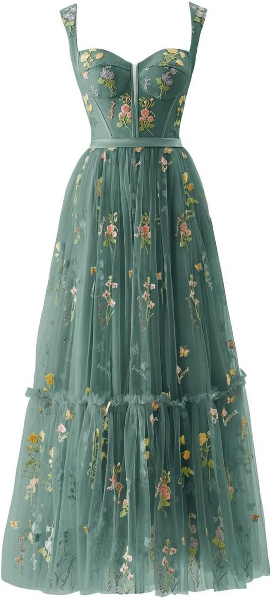 Dames Feeërijurk met Geborduurde Bloemen, Tule Korset Jurk met Spaghettibandjes