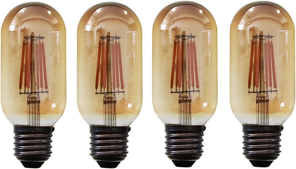 4-Pack LED Filamentlampen E27 T45 Vintage Stijl Amber Glas 2700K Warm Wit
