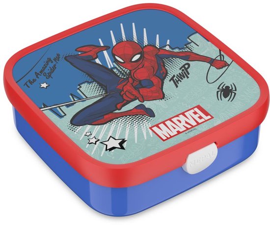 Couvercle rouge avec Spiderman, texte 'The Amazing Spiderman' et logo Marvel sur fond bleu à pois blancs. Bordure et fermoir bleus.