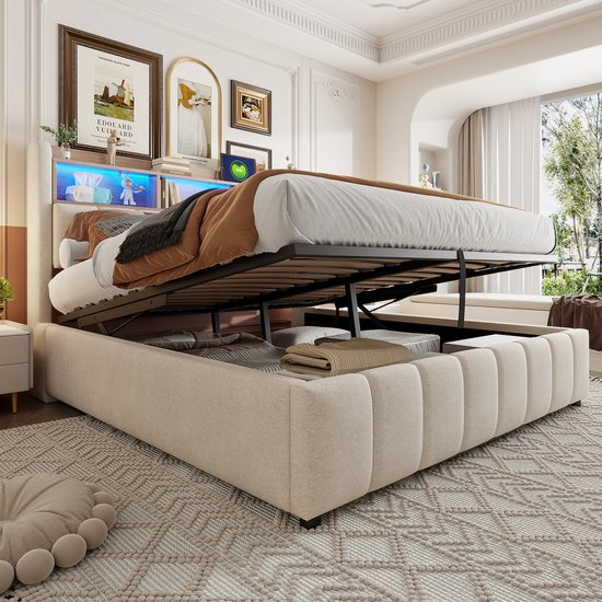 Wishdor – Gestoffeerd Bed 180x200 cm – Met LED & USB/Type-C – Hydraulische Lift & Opbergvakken – Luxe & Functioneel – Linnen – Beige