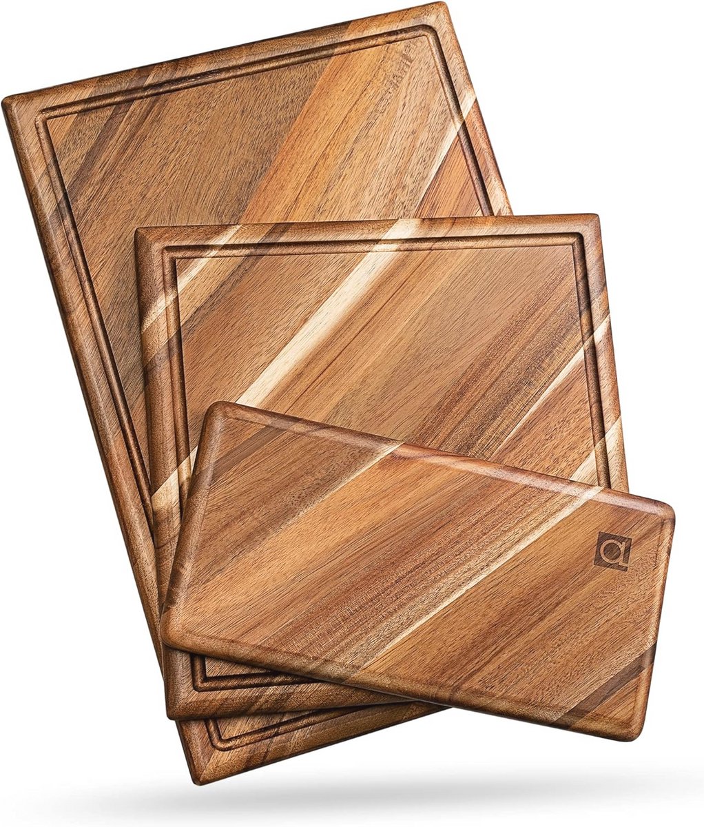 Houten snijplankenset met sapgroef - luxe keukensnijplanken van acaciahout (3 stuks)