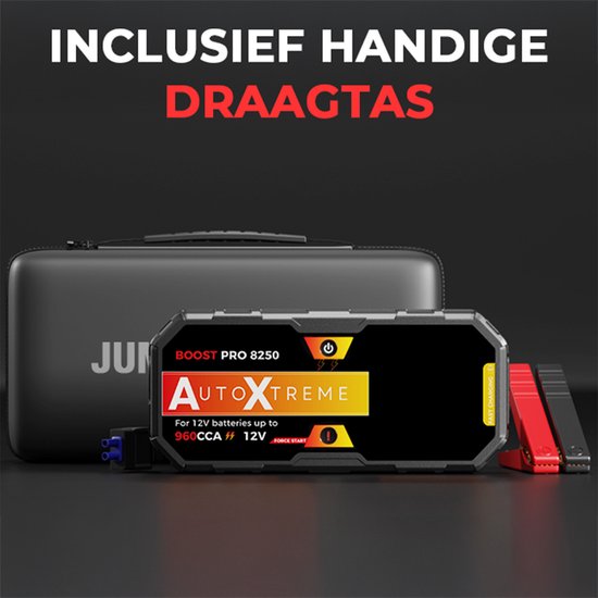 Démarreur AutoXtreme et sa mallette avec le texte 'MALLETTE PRATIQUE INCLUSE'.