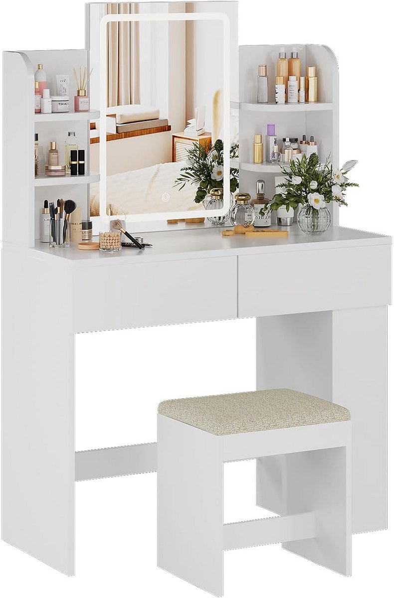 Moderne Kaptafel met LED-verlichting en Kruk, Frisiertafel met 2 Laden en Spiegel