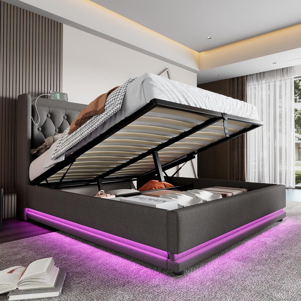 Moderne 180 x 200 cm Tweepersoonsbed met Opbergruimte en Gestoffeerde Hoofdbord