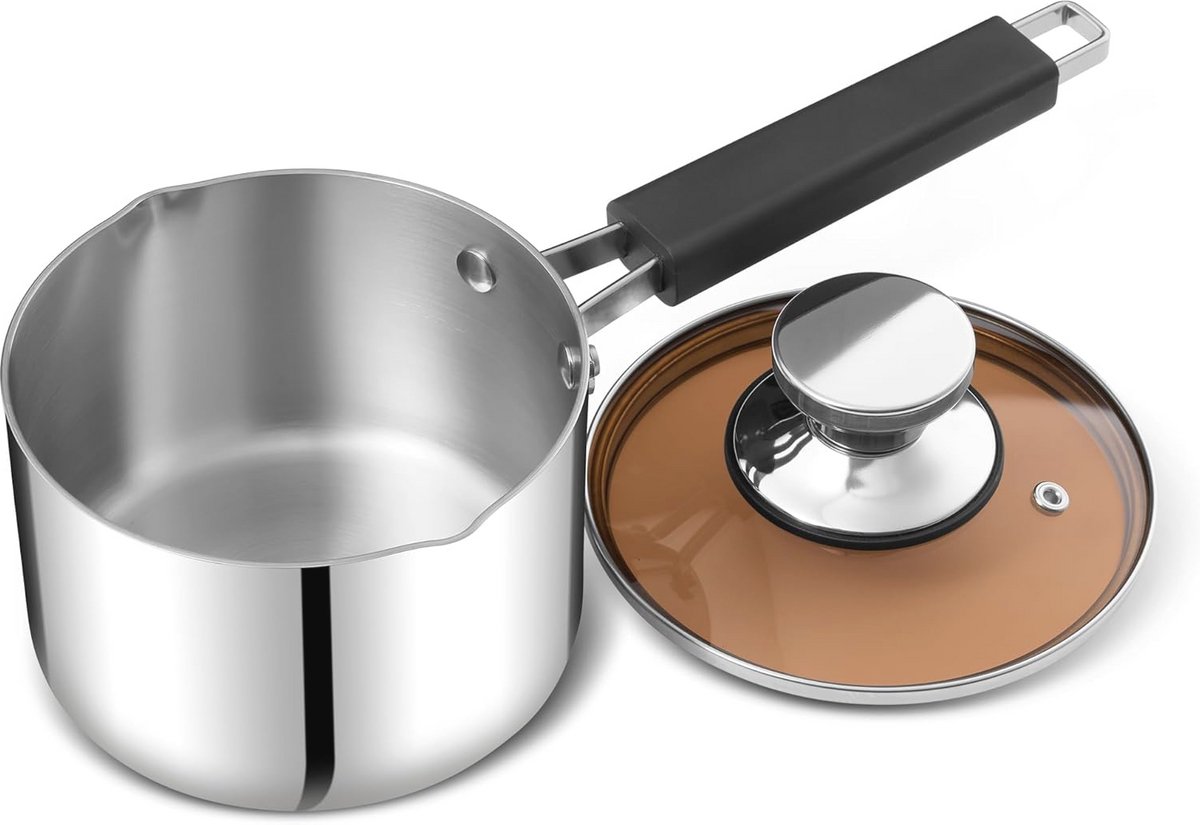 Roestvrijstalen steelpan 16 cm met glazen deksel en schenktuit - multifunctionele kookpan voor keramisch, elektrisch en inductiekoken