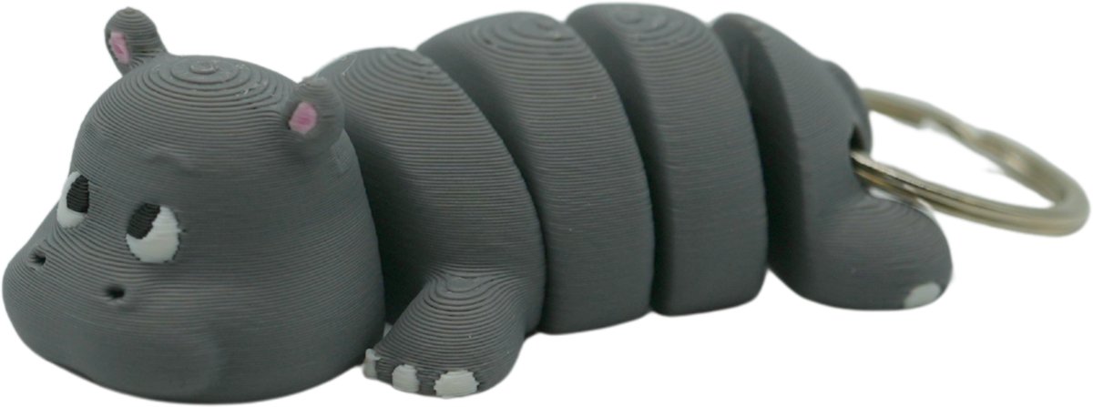 Flexi nijlpaard sleutelhanger - grijs - 3d geprint - Cadeau liefhebber – Sleutelhanger dier – 7cm