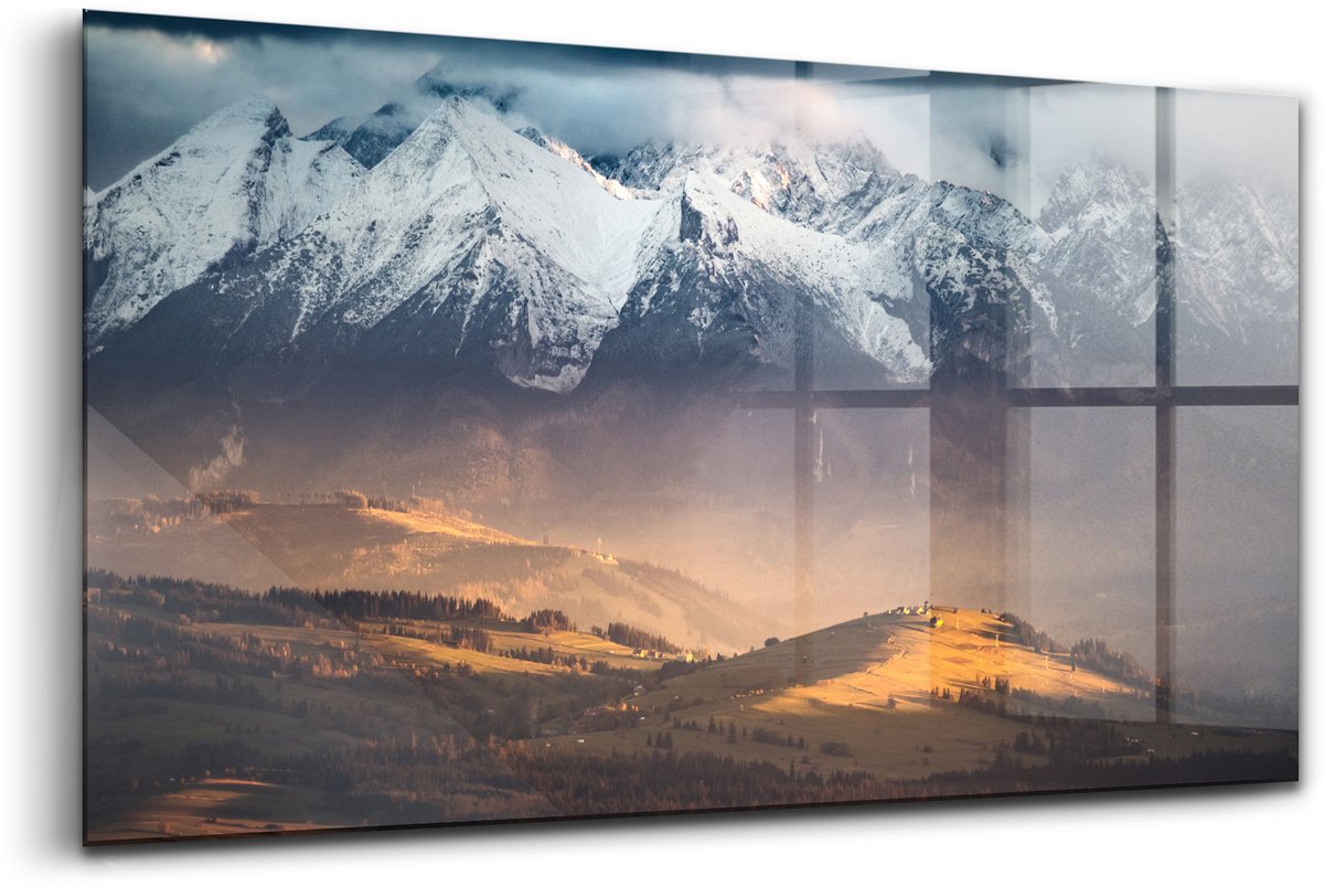 Wallfluent Glasschilderij - Tatragebergte in winterse bergpanorama Glas Foto - 100x50 cm - Wit Horizontale muurfoto - Natuur Glazen Schilderij - Foto Op Glas - Foto Schilderij Op Glas