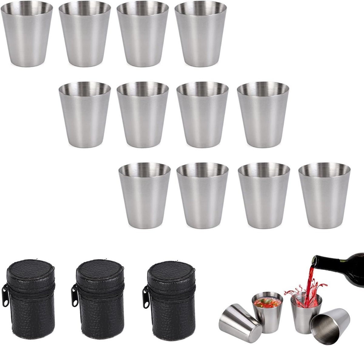 Set van 12 RVS Shotglazen met Leren Etuis - Ideaal voor Feesten en Buitenactiviteiten