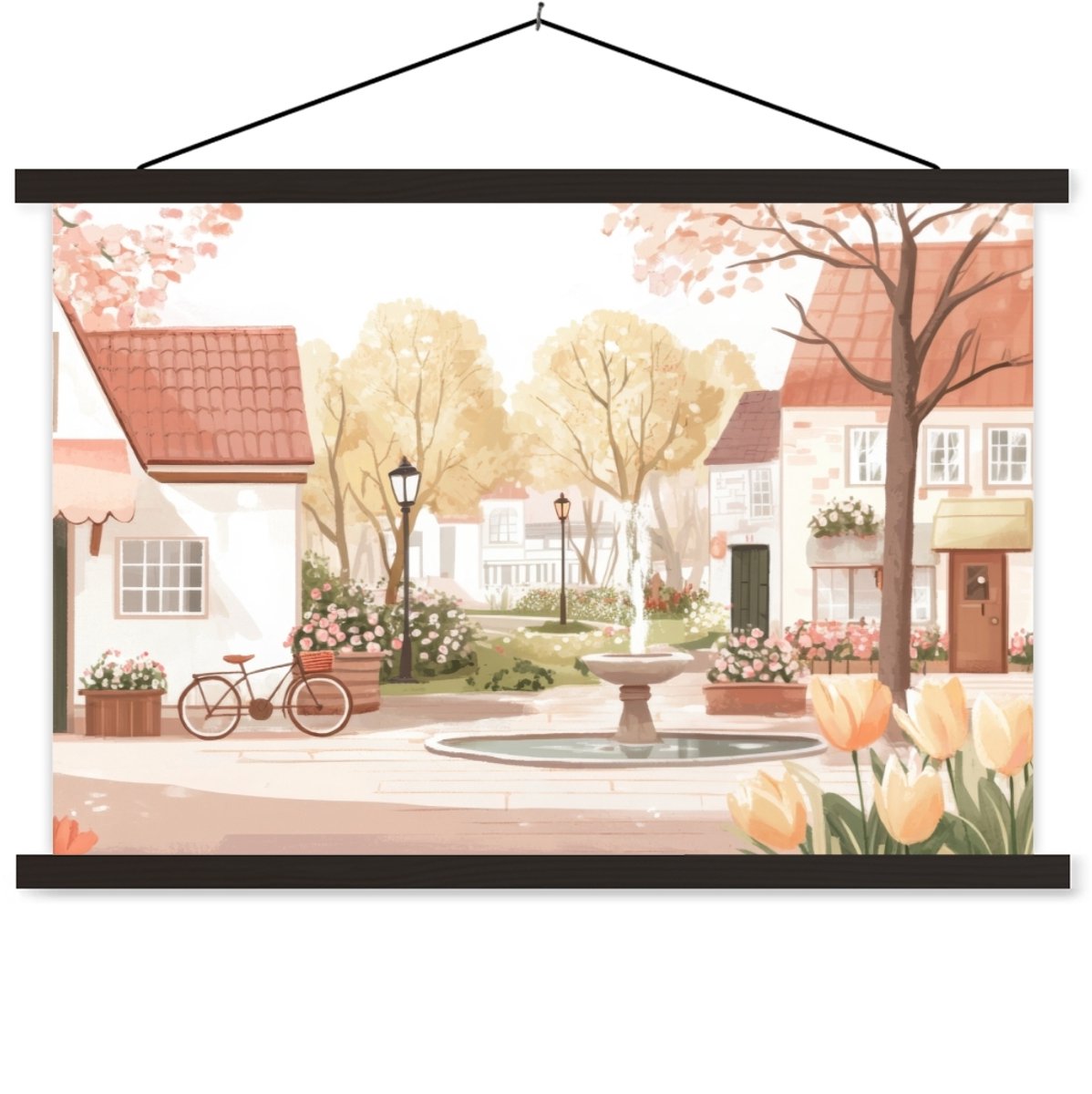Posterhanger incl. Poster 120x80 cm - Schoolplaat - Dorpsplein - Fontein - Tulpen - Textie