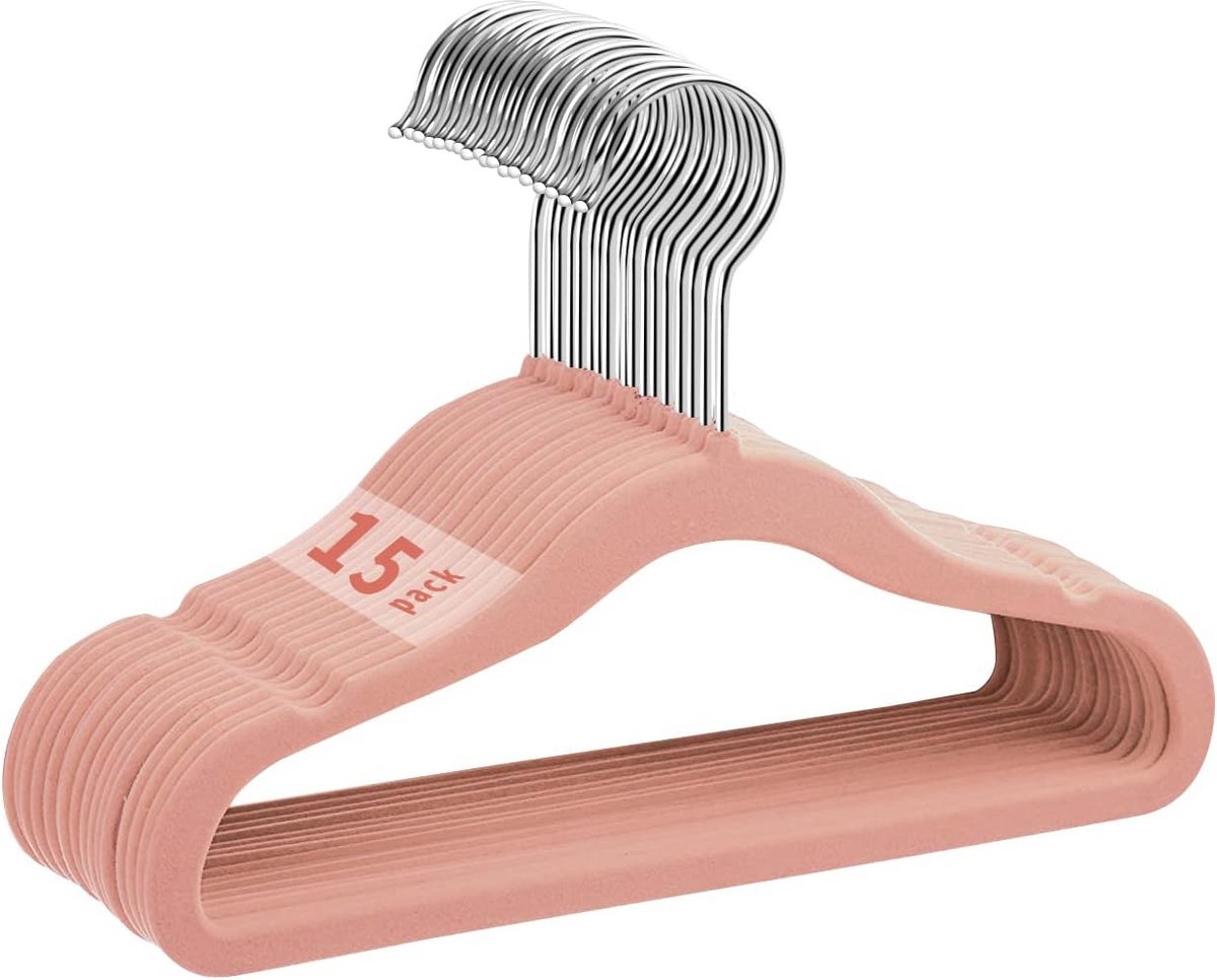 Fluwelen Kinderhangers - Antislip en Ultra Dun, 360° Draaibare Haak - Set van 15 (28 cm, Roze)