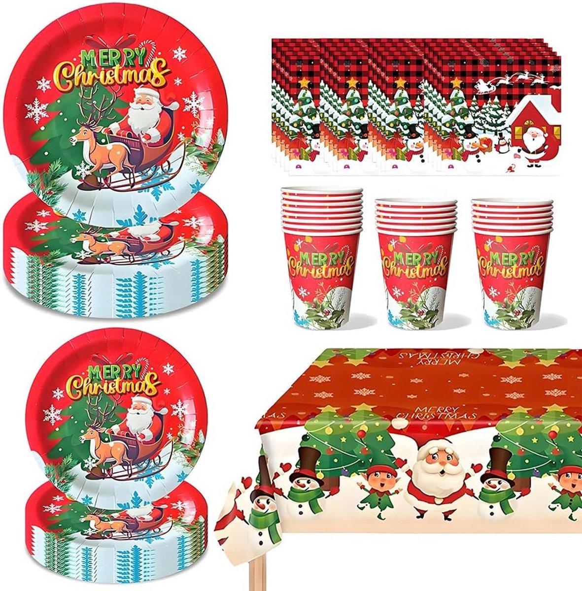 Compleet Kerstfeest Servies Set voor 20 Personen - Borden, Servetten, Bekers en Tafelkleed