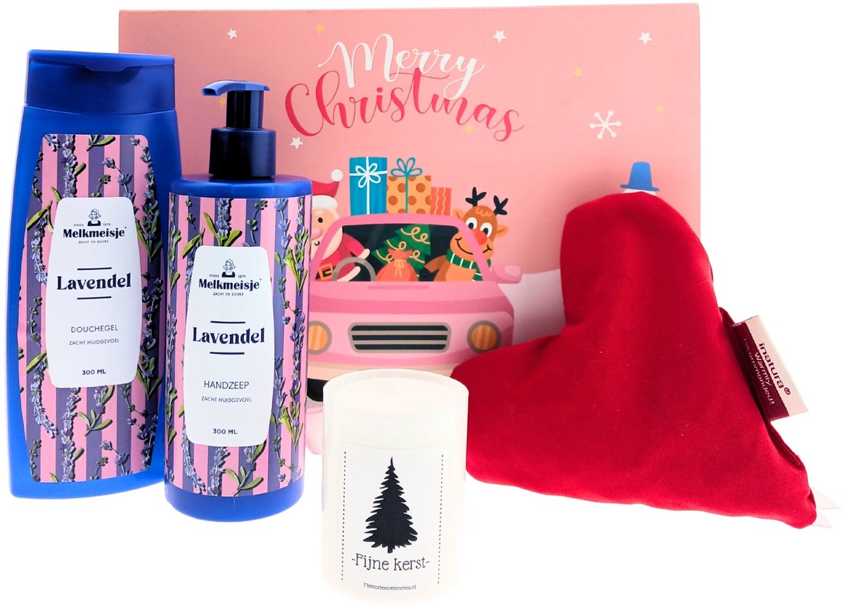 Melkmeisje Kerst Cadeauset Lavendel – 4-delig – Bad & Douche + Handzeep + Kerstkaars + Kersenpithart – Cadeau voor haar
