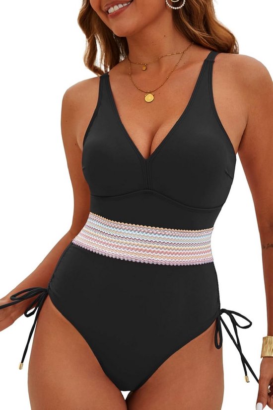 OUSIMEN Eendelig badpak voor dames, V-hals, buikcontrole, eendelig, met trekkoord en plooi, monokini, Zwart, XL