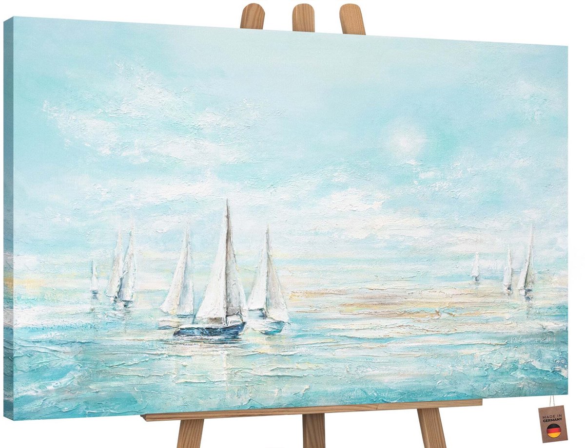 YS Canvas schilderij landschapsformaat handgeschilderd zeeblauw zee blauw – YS-Art Gallery – Luxe wanddecoratie voor woonkamer – Modern schilderij voor slaapkamer en hal Without Floater Frame