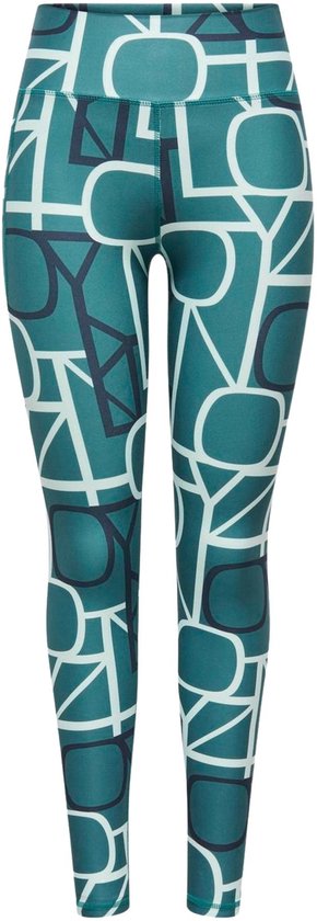 Blauwe Only Play legging met wit en donkerblauwe letters en geometrische vormen.