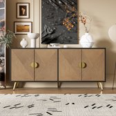 HAUSS SPOLE Dressoir - 4 Deuren met soft-close en geborstelde gouden grepen - MDF/PB - 160x40x75 cm - Zwart/Hout met hoogglans poten voor woonkamer en eetkamer