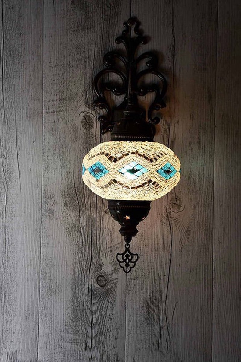 Turkse wandlamp - handgemaakt mozaïek in wit en blauw - hoogte 30cm - unieke decoratie voor sfeerverlichting