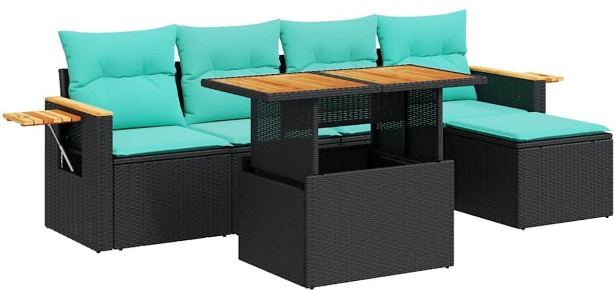vidaXL 6-delige - Loungeset - met - kussens - poly - rattan - acacia - zwart