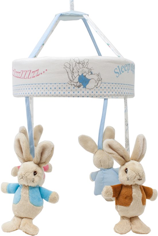 Muziekmobiel met twee zachte konijntjes, één in blauw vestje en één in bruin vestje. Tekst 'Zzzzzzz...'.