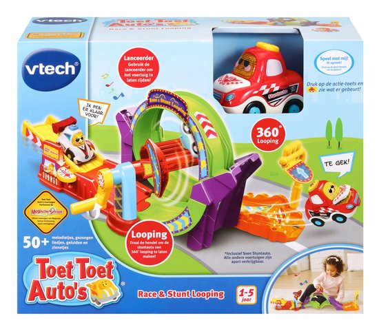 Doos van het VTech Toet Toet Auto's Race & Stunt Looping speelgoed met afbeeldingen van het circuit en auto's.