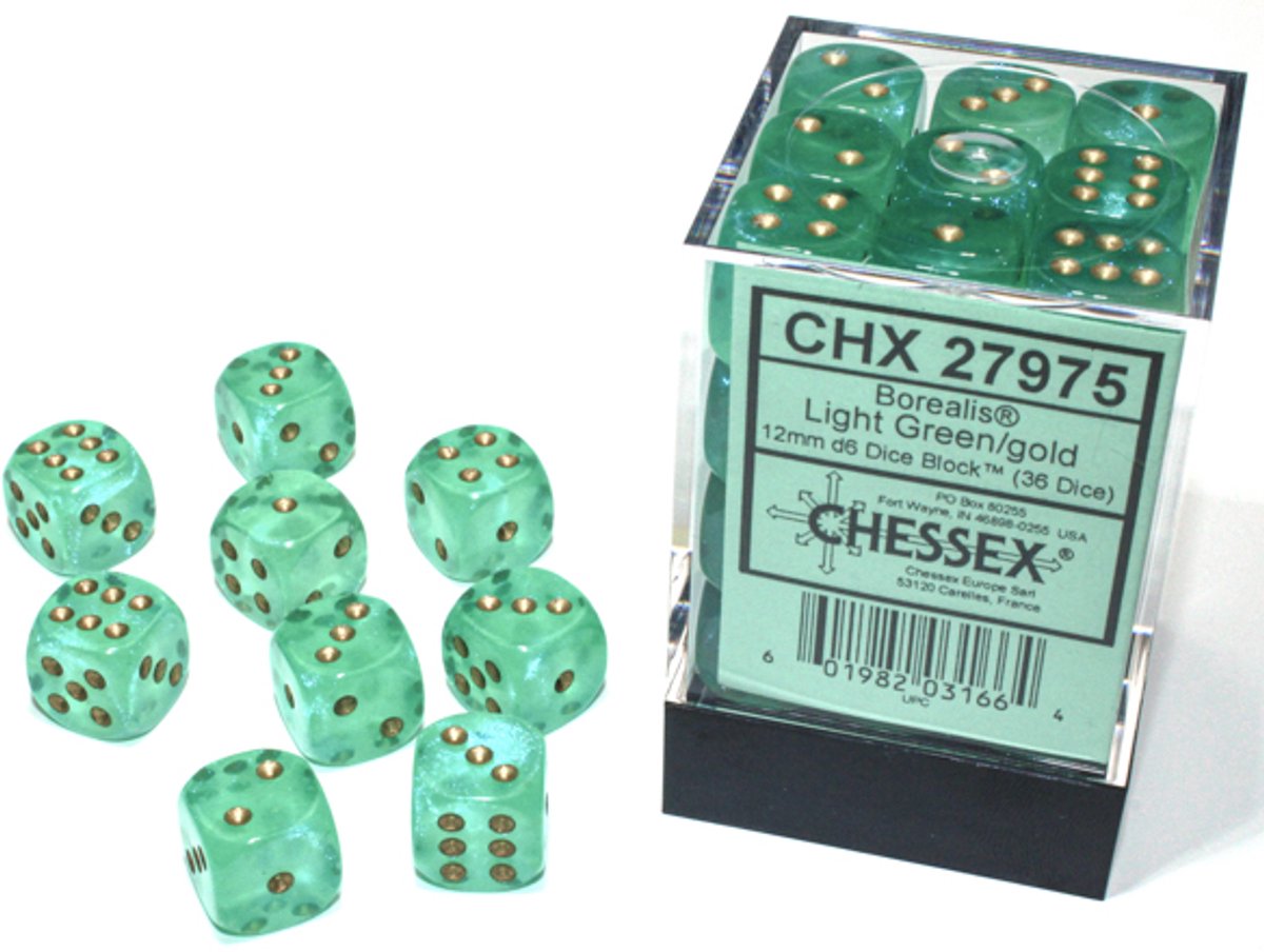 Chessex Borealis D6 12mm Lichtgroen/goud Lichtgevend Dobbelsteenset (36 stuks)