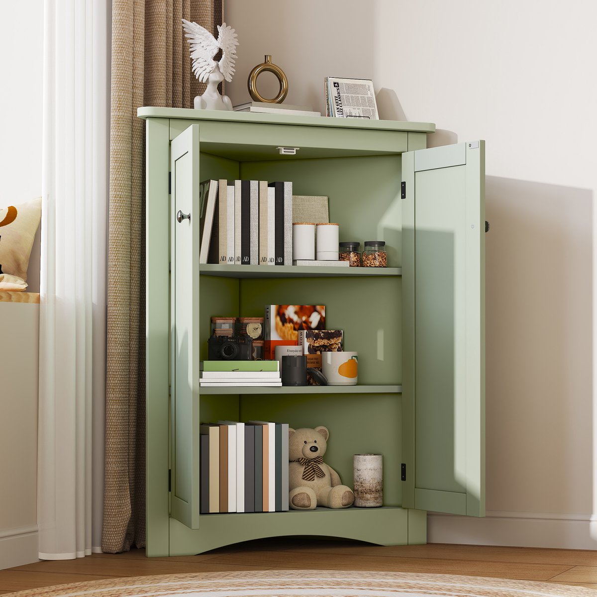 STILVORA Hoekkast Badkamer – Driehoek Design Met 2 Deuren En 3 Niveaus – MDF Met Gelakt Oppervlak – 61,5x90 cm – Groen