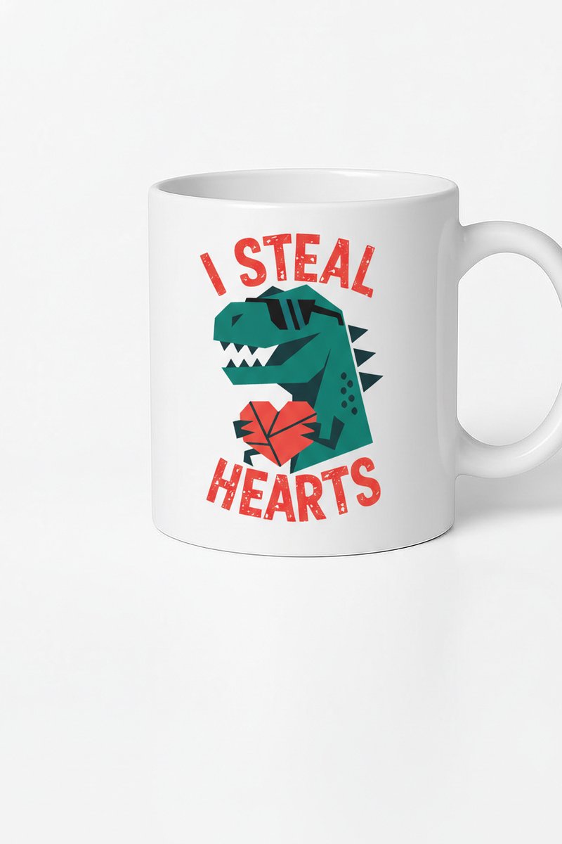 Dino Mok I Steal Hearts - Grappige T-Rex Koffiemok met Hartjes Print
