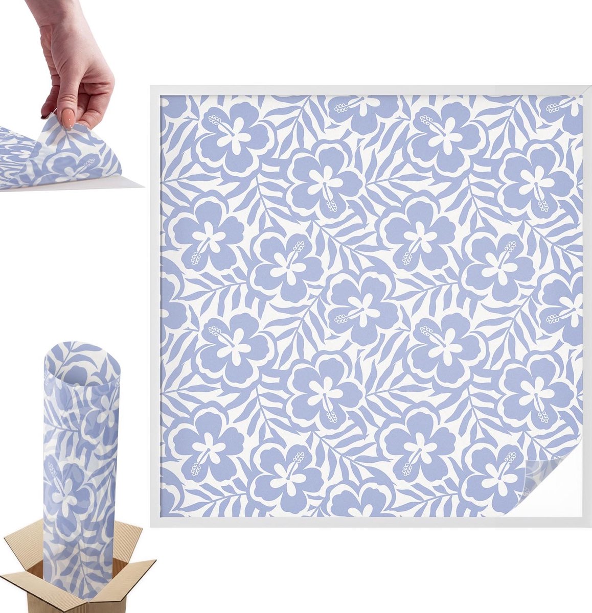 TULUP Raamfolie Anti inkijk - Hibiscusbloemen Anti inkijk Raamfolie - 100x100 cm - Blauw Raamfolie Tegen inkijk - Zelfklevende Anti inkijk Folie Glas in Lood - Voor de slaapkamer, badkamer en woonkamer. - Zonwerende Raamfolie Glas in Lood Blauw - Hibiscusbloemen
