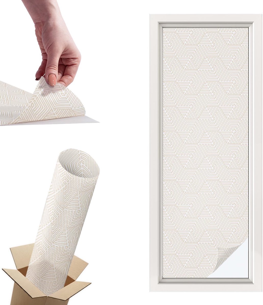 TULUP Raamfolie Anti inkijk - Rechte driehoeken Privacy Folie Raam - 50x146 cm - Beige Anti inkijk Folie - Raamfolie Tegen inkijk Glas in Lood - Voor de hal, voor de woonkamer, voor het kantoor - Raamfolie Zonwering Beige - Rechte driehoeken
