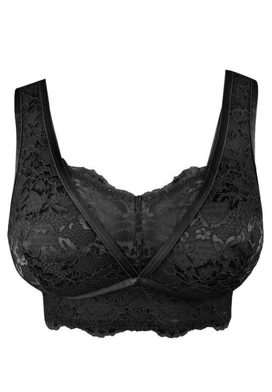 Zwarte kanten bralette met wijde bandjes en kanten rand.