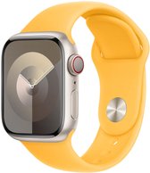 Apple Watch met geel sportbandje, zilverkleurige kast, rode en zilverkleurige knop aan de zijkant.