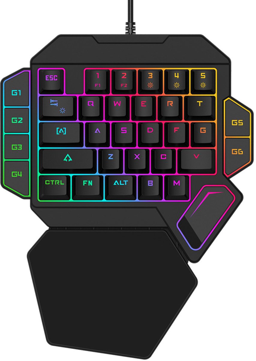 USB bedraad mechanisch toetsenbord met één hand, RGB zeven kleuren (zwart).