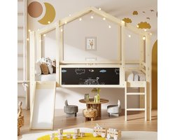 MODFU Bedframe 90x200 cm van massief hout, huisstijl met glijbaan en krijtbord, ruimtebesparend ontwerp