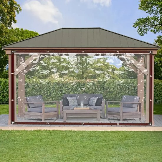 Doorzichtige omheining voor een gazebotinterieur met zitmeubelen, bruine rand en oogjes.