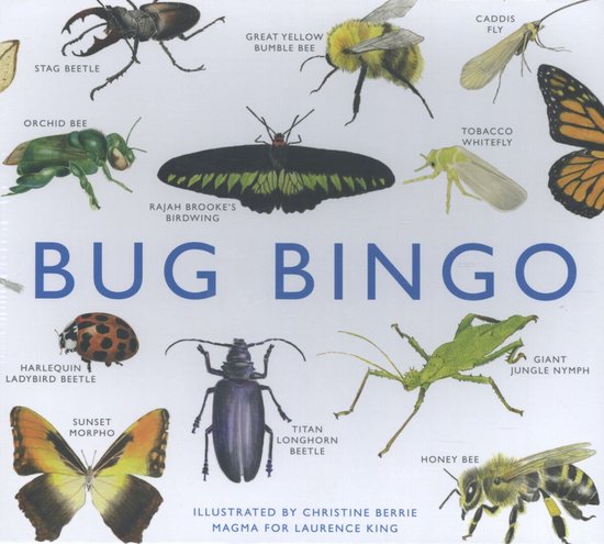 Bug Bingo met afbeeldingen van verschillende insecten, waaronder een hertkever, grote gele hommel en Rajah Brooke's vogelvlinder.