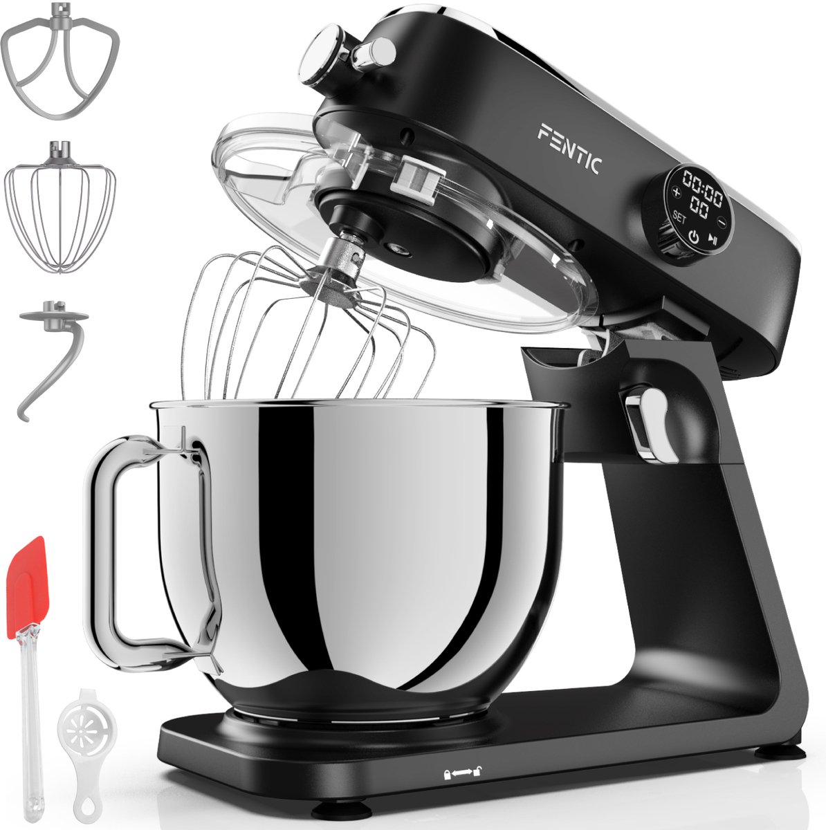 Fentic Keukenmachine 1800W, Keukenrobot met 7l RVS Mengkom, Incl. Menghaak, Garde, Deeghaak en Extra Accessoires, Keukenmixer Met Timer en 10 Snelheden