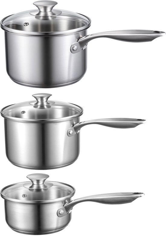RVS sauspan Set, 0.95 L, 1.89 L en 2.84 L Pannen Met Glazen Dekken, Veelzijdige Nonstick RVS Kookgerei Met Comfortabele Handvat, Geschikt voor Oven, Vaatwasser en Inductie kookplaten