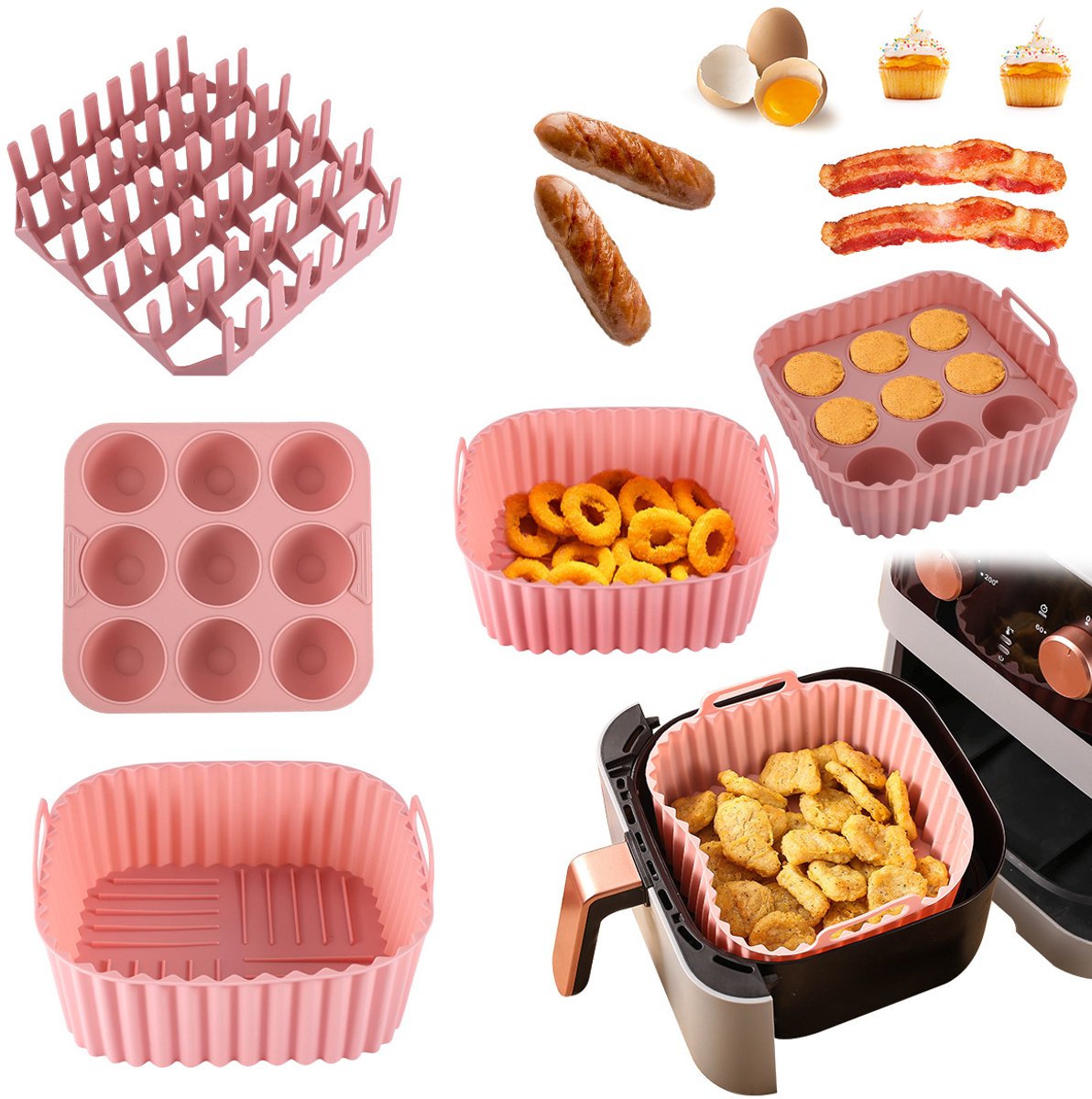 Roze driedelige set, vierkante airfryer siliconen bakplaatset, hotdog- en spekgrillrek, hittebestendige cake- en geleivormen